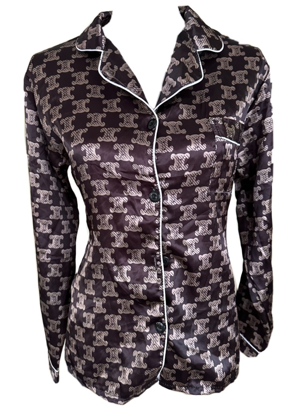 Satin Monogram Long-Sleeve Pajama Top with White Piping